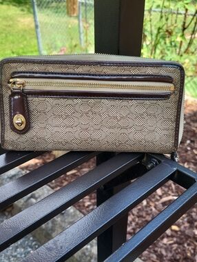 Coach Beige Signature Canvas Wallet with Brown Trim and Gold Hardware
